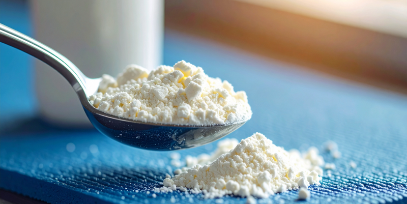 Scoop of creatine monohydrate powder on a blue gym mat, natural light — Hyperforme Nutrition
