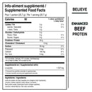 Tableau nutritionnel Believe Enhanced Beef Protein avec 20 g de protéines et 1 537 mg de L-leucine par portion