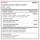 Believe Omega-3 bilingual ingredients chart with fish oil, EPA and DHA, including amounts per softgel, non-medicinal ingredients and directions - HYPERFORME.COM