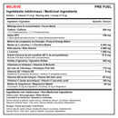 Tableau bilingue des ingrédients de Believe Pre Fuel : malate de L-citrulline, bêta-alanine, caféine, Alpha GPC, vitamines et minéraux, avec ingrédients non médicinaux selon la saveur - HYPERFORME.COM