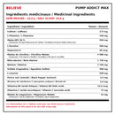 Believe Pump Addict Max medicinal ingredients with caffeine, L-theanine, Alpha-GPC, citrulline, beta-alanine and betaine - HYPERFORME.COM