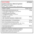 Nova Pharma Estradia - Tableau bilingue des ingrédients médicinaux par capsule, avec thé vert, curcumine, DIM, brocoli et calcium, posologie et ingrédients non médicinaux - HYPERFORME.COM