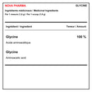 Tableau bilingue des ingrédients de Nova Pharma Glycine : glycine (acide aminoacétique) à 100 %, portion de 1 mesure (1,8 g) - HYPERFORME.COM