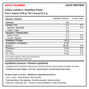  Nova Pharma Juicy Protein nutrition facts and ingredients: 84 calories and 21 g of protein per 23.5 g scoop, with flavour-specific ingredients for lemon, blue raspberry and strawberry kiwi - HYPERFORME.COM
