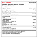 Tableau bilingue des ingrédients médicinaux et non médicinaux de Nova Pharma Meno Pause, avec les quantités, ratios d’extraction et équivalences en matière sèche - HYPERFORME.COM