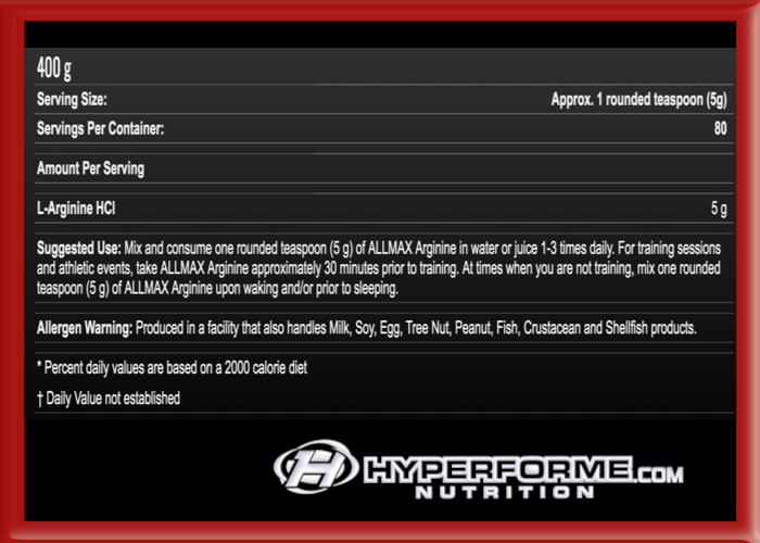 Allmax Arginine HCL - 400g - Nitric Oxide Supplements - Hyperforme.com